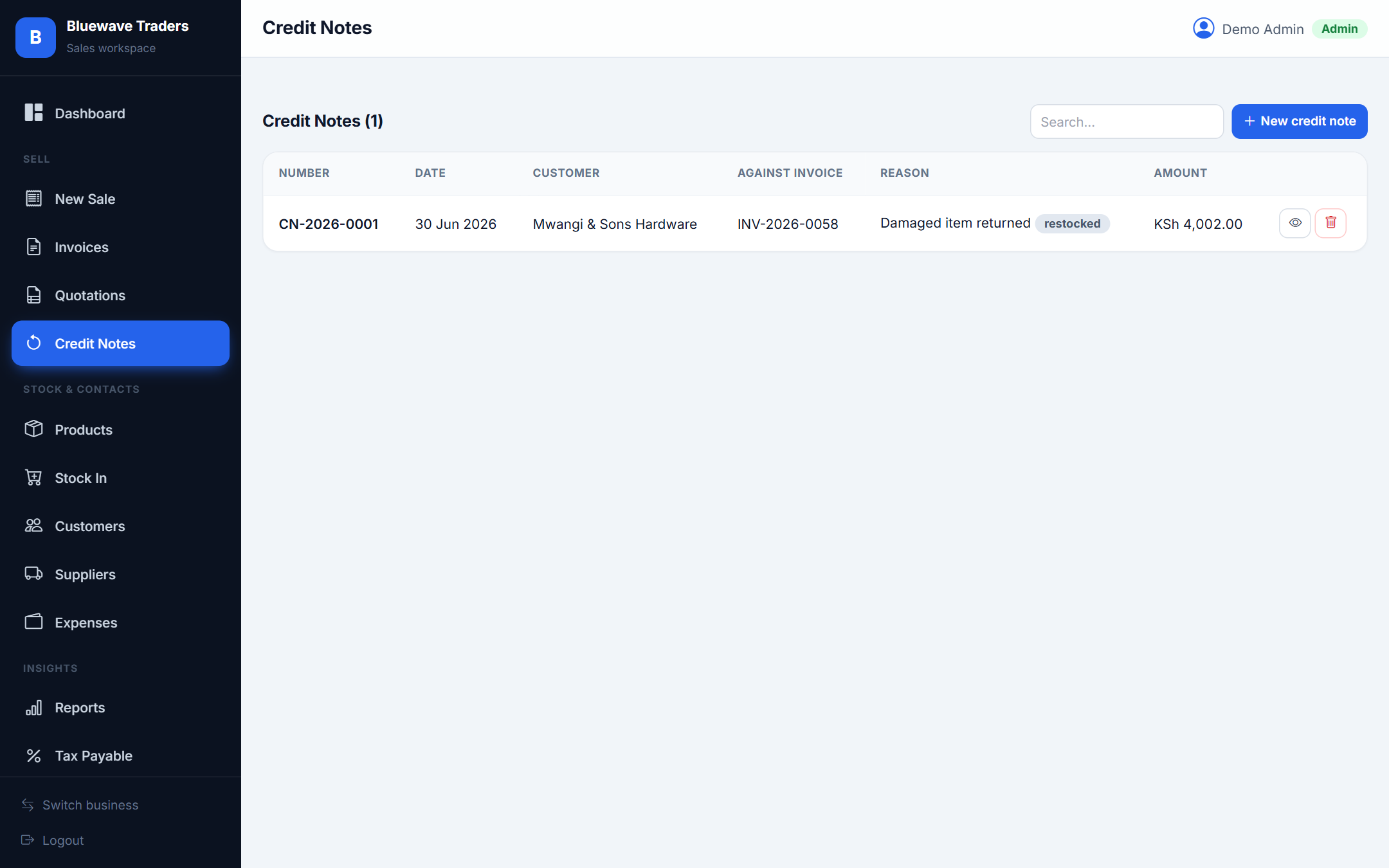 Credit notes & returns screenshot