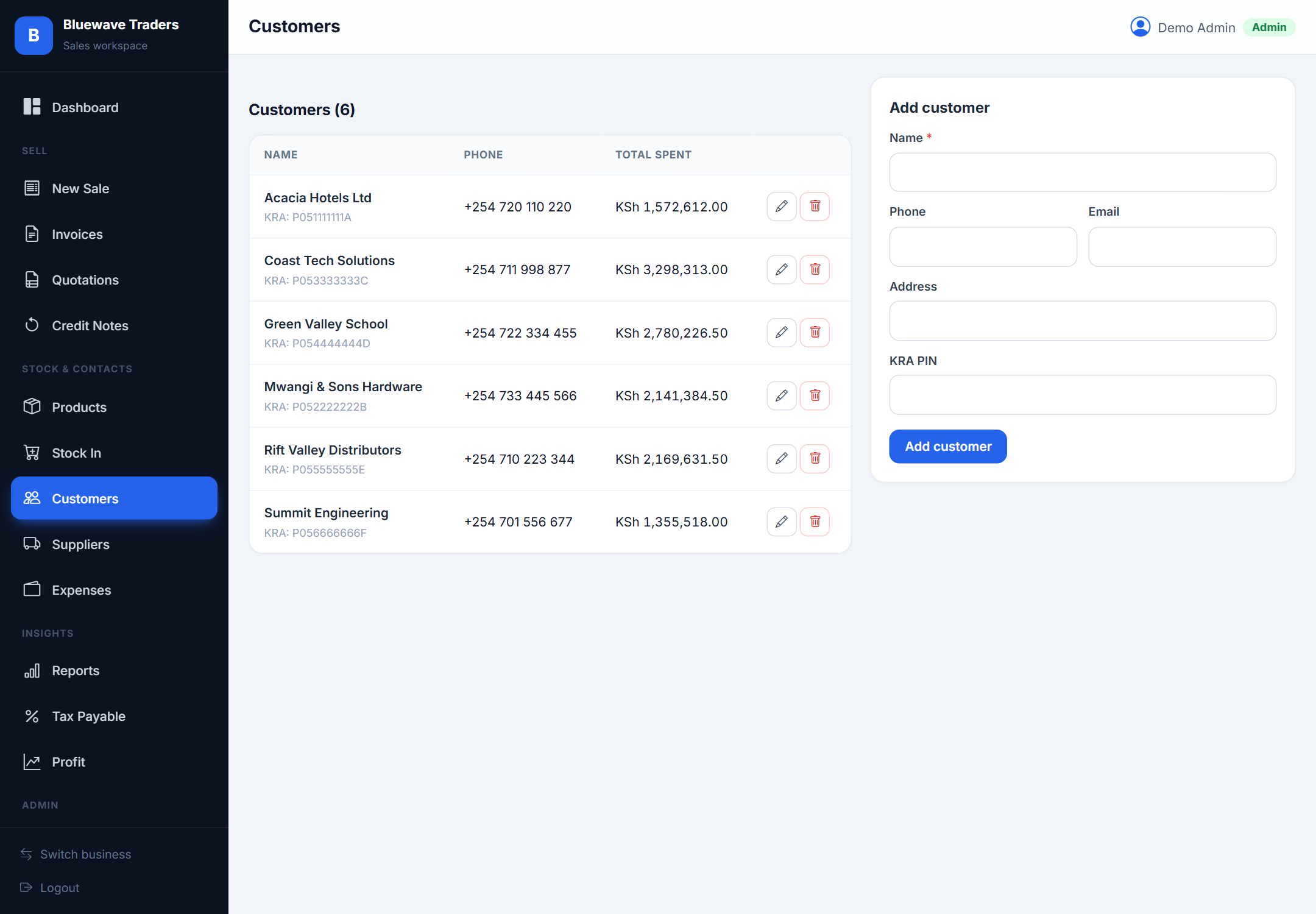 Customers screenshot