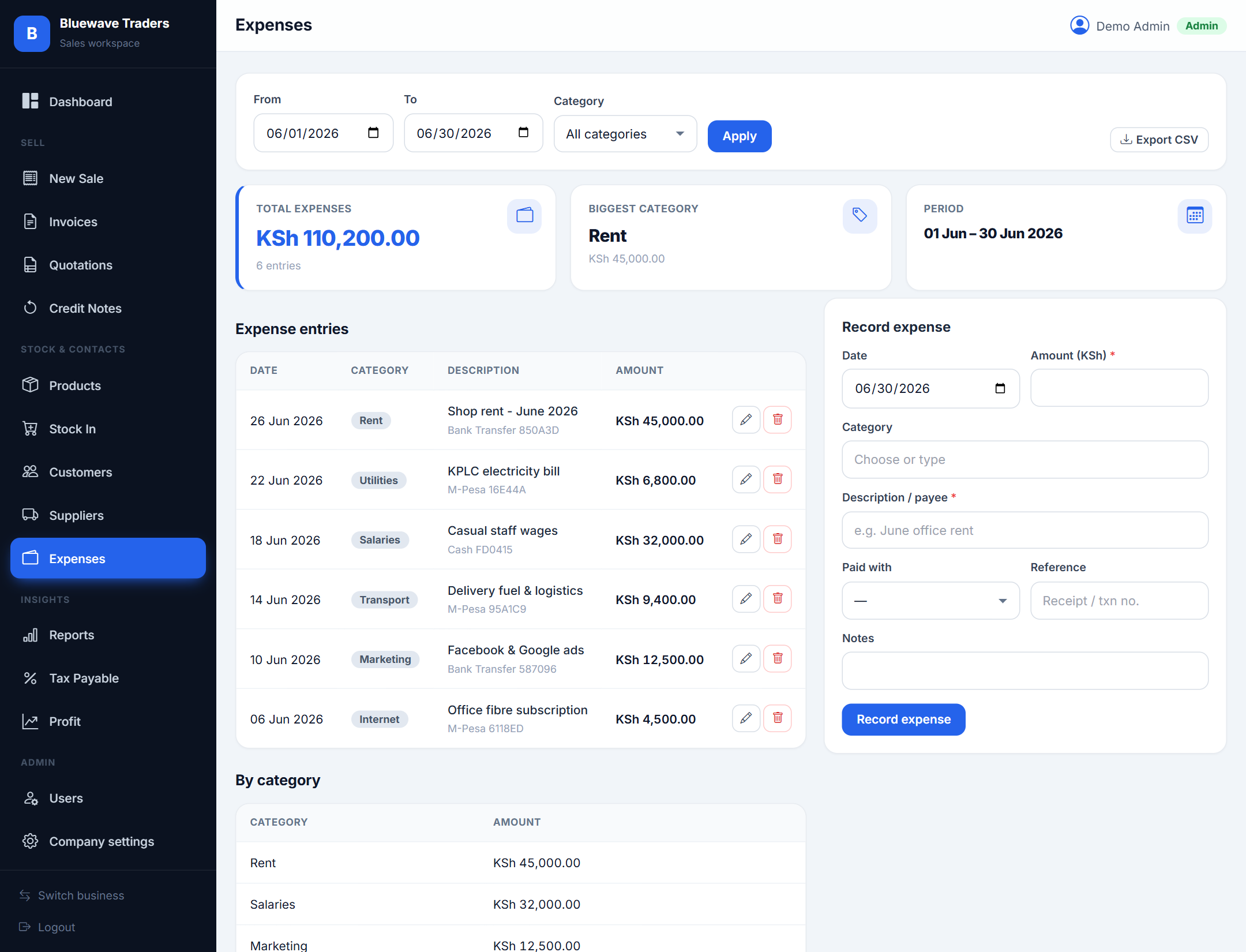 Expenses screenshot