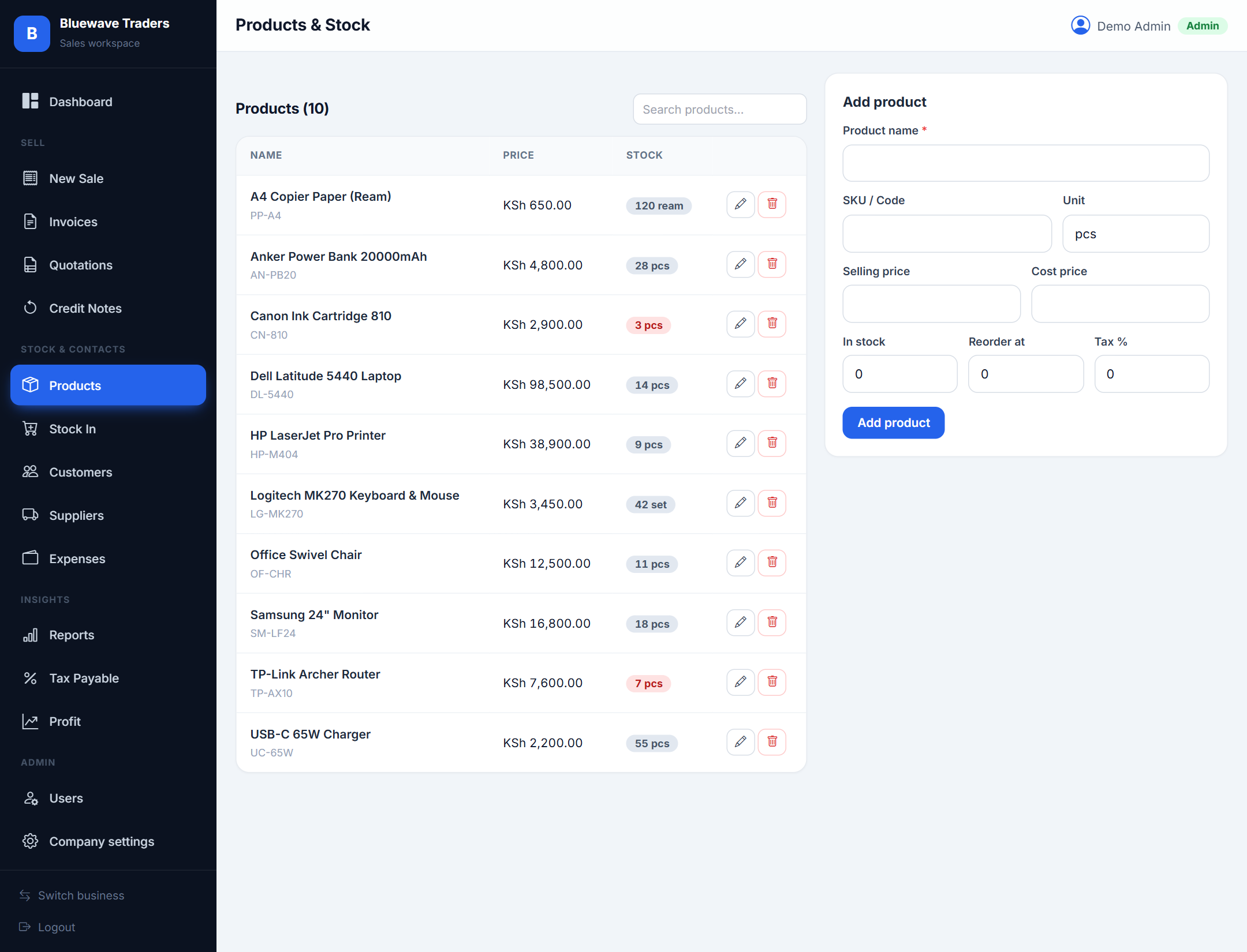 Products & stock screenshot