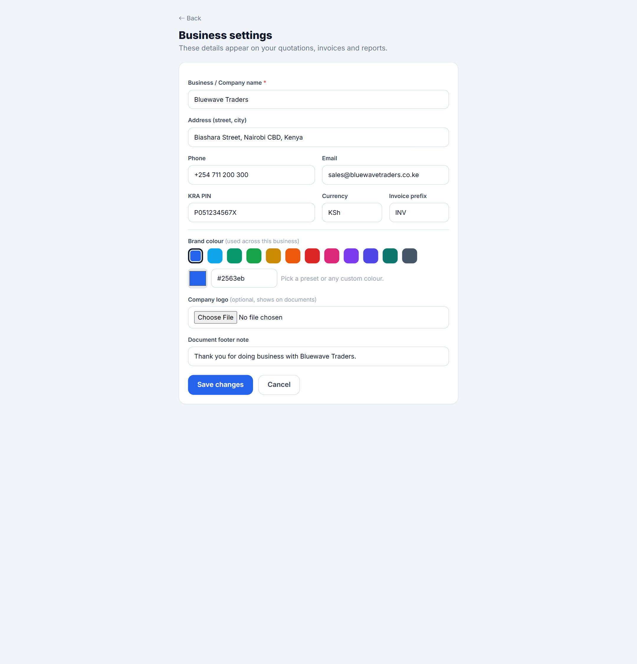 Company settings screenshot