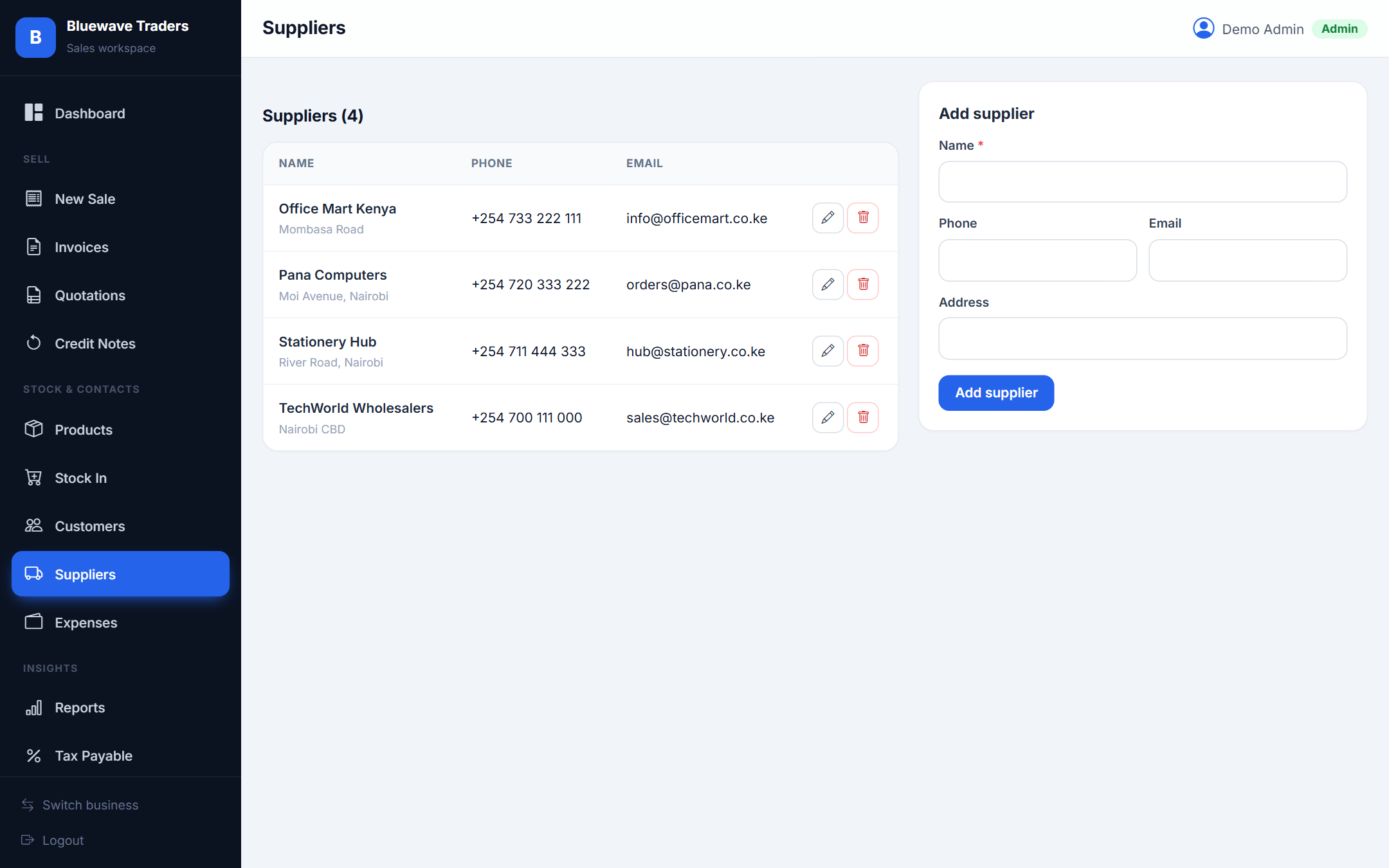 Suppliers screenshot